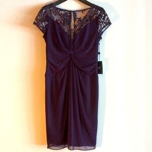 Adrianna Papell Dress Embellished Sequin Formal Midi Purple Lace Eyelet Plum